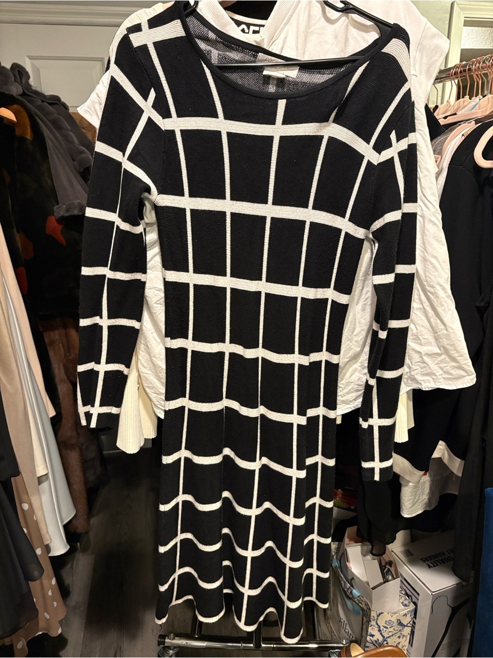 Black & White Grid Knit Long-Sleeve Dress